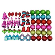 christmas ornaments and decorations are arranged on a white background