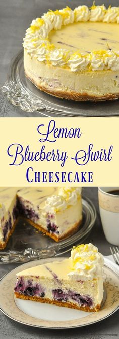 a lemon blueberry swirl cheesecake on a plate