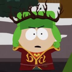 a cartoon character with green hair and antlers on his head