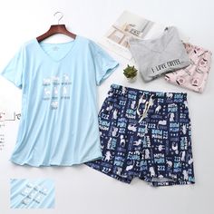 Women's Cute Cartoon Pajama Set Short Sleeve V Neck Tee Shorts Soft 2 Piece Pjs       Features:    Size: These are US size, please choose the item according to your size.         Size(inch)        S                   M                 L                 XL                 XXL             XXXL    Bust                38.58          40.16            42.52          45.67             51.18            55.12    Shoulder        18.11           18.90            20.47          21.65             25.59            26.77    Top Length     25.59           25.98           26.77          27.17             27.56            28.35    Pants Length  15.35          15.75           16.14          16.54             16.93            17.72    Waist         25.98-35.43   28.35-37.8  31.5-40.31   33.86-43.24   36.22-46 Casual Sets With Pockets For Sleepover, Blue Letter Print Sleepwear For Loungewear, Blue Cotton Sleepwear With Letter Print, Casual Sleepwear Sets With Shorts, Summer Cotton Pajama Shorts With Letter Print, Cotton Pajama Shorts With Letter Print For Summer, Summer Sleepwear With Letter Print And Relaxed Fit, Summer Sleepwear With Letter Print In Relaxed Fit, Relaxed Fit Letter Print Sleepwear For Summer