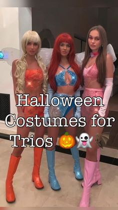 three women dressed up as halloween costumes for trios with text overlay that reads, halloween costumes for trios