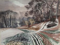 an image of a painting with trees and snow on the ground in front of it