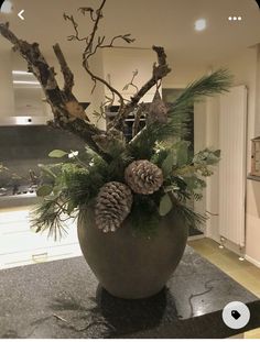 a vase filled with pine cones and greenery on top of a marble countertop