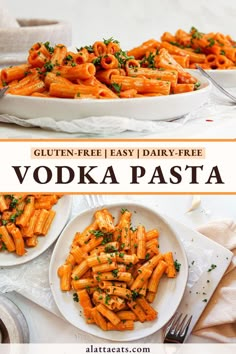 two plates filled with pasta and topped with parsley on the side, next to another plate