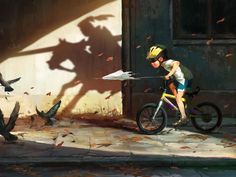 a boy riding a bike next to a shadow of a person on the wall and birds flying around him