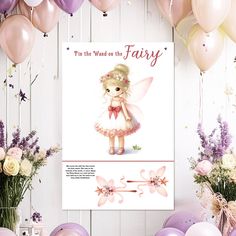 a birthday card featuring a fairy girl surrounded by balloons, flowers and streamers in pastel colors