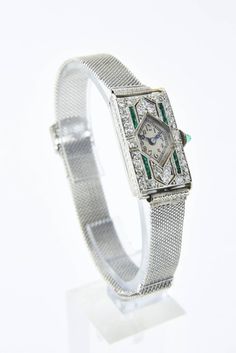 Art Deco Platinum Diamond Emerald Glycine Wristwatch | From a unique collection of vintage wrist watches at https://www.1stdibs.com/jewelry/watches/wrist-watches/ Diamond Shaped Face, Glycine Watch, Emerald Art Deco, Emerald Art, Art Deco Watch, Diamond Face Shape, Ring Watch, Channel Set, Art Deco Ring