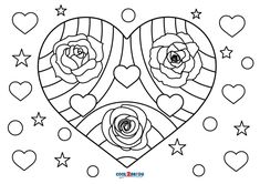 two hearts with roses and stars on them coloring pages for adults, kids and adults