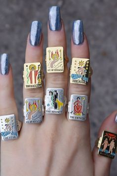 Use code "Pinterest" for 50% off! Colorful tarot card rings with beautiful enamel! Makes a great gift for the magical person in your life! Adjustable size signets fit all the empowered hands in your life. verameat.con Dope Jewelry, Funky Jewelry, Jewelry Lookbook, Mode Inspo, Fantasy Jewelry, Dream Jewelry, Pretty Jewellery, Jewelry Inspo, Piercing Jewelry