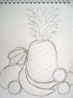 a pencil drawing of a pineapple and some fruit on a sheet of white paper