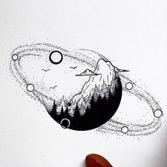 a black and white drawing of a mountain with bubbles coming out of the sky,