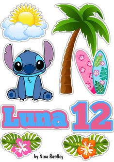 an image of the name luma 12 on a sticker sheet with palm trees and surfboards