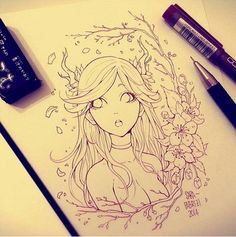 a drawing of a girl with long hair and flowers on her head next to a pen