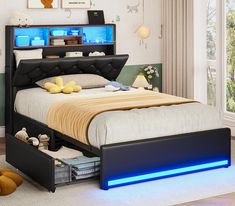 a bed with blue lights underneath it and a book shelf in the corner next to it