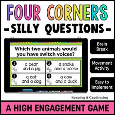 four corners - silly questions with an image of the words and pictures on it, which are