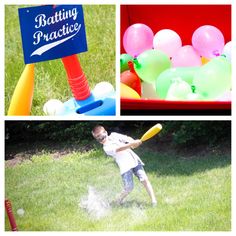 a collage of photos with balloons, baseball bat and ball in the grass at different stages of play