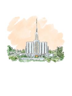 a drawing of the mormon temple in watercolor and ink