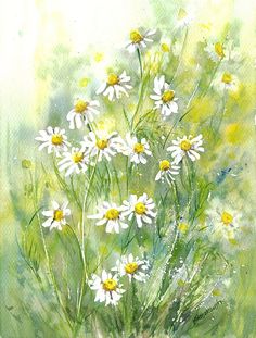 a watercolor painting of daisies in a vase on a green and yellow background