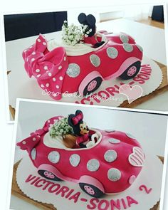 two pictures of a minnie mouse car cake