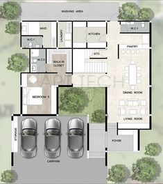 two cars are parked in front of the floor plan for a house with three car parking spaces