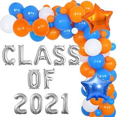 the class of 2021 balloon arch is decorated with orange, blue and white balloons