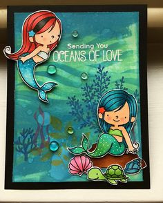 a card with an image of a mermaid and turtle on the bottom, saying sending you oceans of love