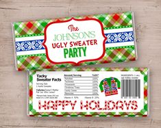 personalized holiday candy bar wrappers for ugly sweaters party - set of 24