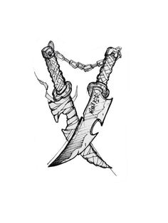 a drawing of two knives with chains on them