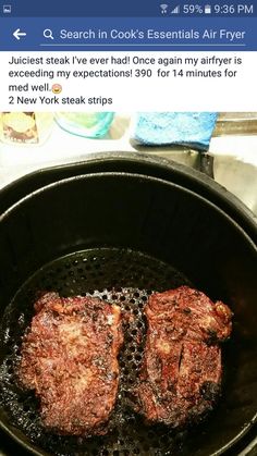 two steaks cooking in a skillet on the stove