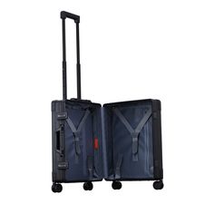 two pieces of luggage with handles and straps on wheels, side by side against a white background