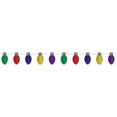 christmas lights are hanging on a string with no strings or wires attached to them, and one is red, green, yellow and purple