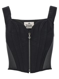 'Classic' boned corset with front zip closure with logo puller, mesh fabric sides. Composition: 100% viscose | Vivienne Westwood Women's classic Corset in Black | SS24 Fitted Sleeveless Corset With Zipper Closure, Fitted Nylon Corset With Boned Bodice, Fitted Gothic Corset With Zipper Closure, Black Sleeveless Corset With Zipper Closure, Black Sleeveless Corset With Zipper, Fitted Overbust Corset With Zipper Closure, Fitted Underbust Corset With Zipper Closure, Formal Loafers, Short Leggings