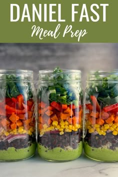 Daniel Fast meal prep graphic with southwestern salad in a jar. Food Ideas For Fasting, Plant Based Recipes Meal Prep, Danielle Fast Meals, Fasting Recipes Easy, Daniel Fast Lentil Recipes, Daniel Fast Vegetable Soup Recipes, Daniel Fast Salads Recipes, 90 30 50 Meal Plan Recipes