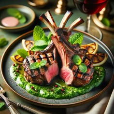 two steaks on a plate with green garnish and minty garnish