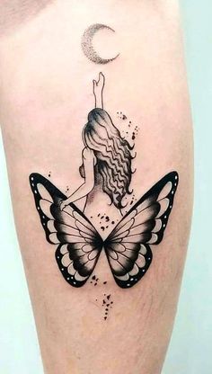 a woman sitting on top of a butterfly with the moon above her head in black ink