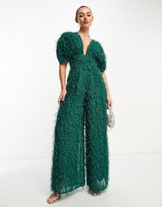 Jumpsuits & Rompers by ASOS DESIGN No need for a dress to impress Fluffy design Plunge neck Back zip closure Wide leg Regular fit Fun Formal Outfits, English Wedding Guest Attire, Plus Size Cocktail Attire, Plus Size Formal Jumpsuit, Pants Wedding Guest Outfit, Wedding Romper, Evening Jumpsuit, Colorful Jumpsuit, Holiday Looks