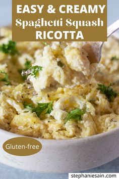 creamy spaghetti squash with ricotta in a white bowl