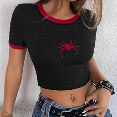 Lasaky - Slim Fit Short-sleeved Sports Top with Unique Spider Embroidery, Hollow Design, and Color Blocking Spider Embroidery, Icon Y2k, Spiderman Outfit, Spiderman Shirt, Dopamine Dressing, Red Details, Camisole Set, Shein Icon, Stitch Shirt