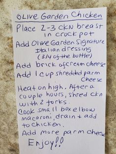 a piece of paper with writing on it that says olive garden chicken place 2 - 3cm breast st