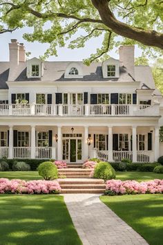 a large white house surrounded by lush green grass