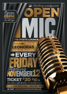 an open mic flyer with microphones on it