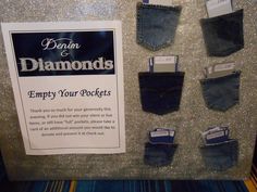 there are many different types of denim pockets on display in this store window, including one for jeans and the other for purses