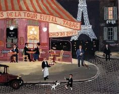 an oil painting of people and dogs in front of a cafe with the eiffel tower in the background