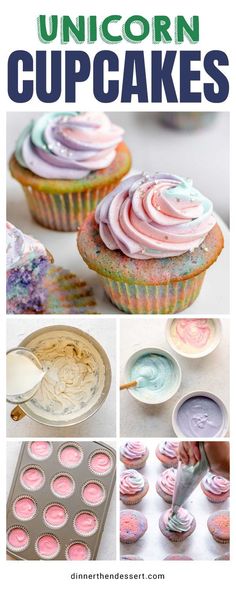 unicorn cupcakes with pink and blue frosting