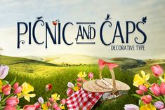 the picnic and caps decorative type is displayed in front of a field full of flowers