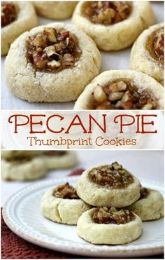 pecan pie thumbnut cookies on a white plate with text overlay that reads pecan pie thumbnut cookies