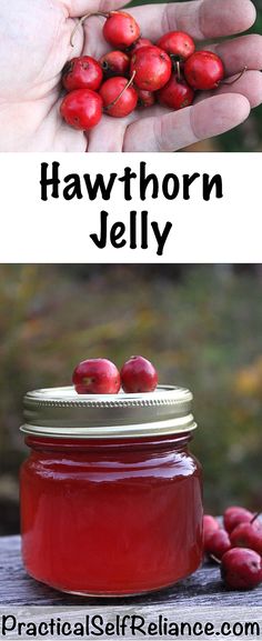 a jar filled with red berries sitting on top of a wooden table next to a hand holding