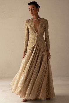 Beige Gold Silk Organza Embroidered Jacket Set Design by Varun Nidhika at Pernia's Pop Up Shop 2023 Indowestern For Women, Varun Nidhika, Ridhima Bhasin, Gold Silk, Indian Fashion Designers, Pernia Pop Up Shop, Indian Outfit, Silk Organza, Embroidered Jacket