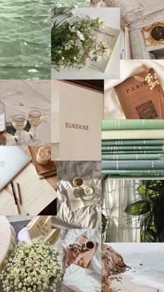 a collage of photos with flowers, books and other things in them on the beach