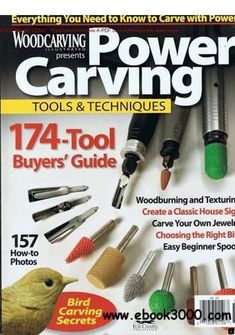 the cover of woodcarving magazine showing various tools and techniques for carving with power